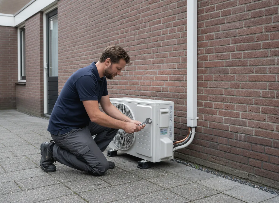 Monteur van Koelend Goed sluit de leidingen aan op een buitenunit tegen een bakstenen gevel