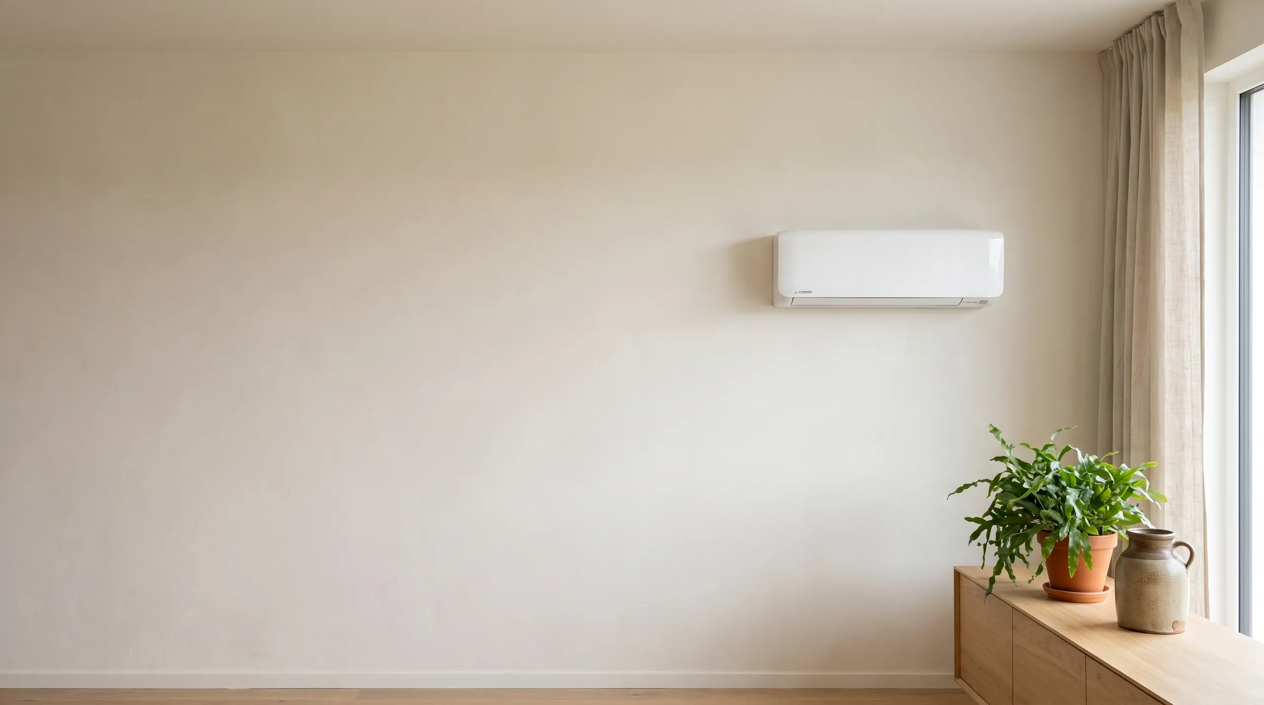 Lichte woonkamer met een Mitsubishi Heavy airco boven een eikenhouten dressoir