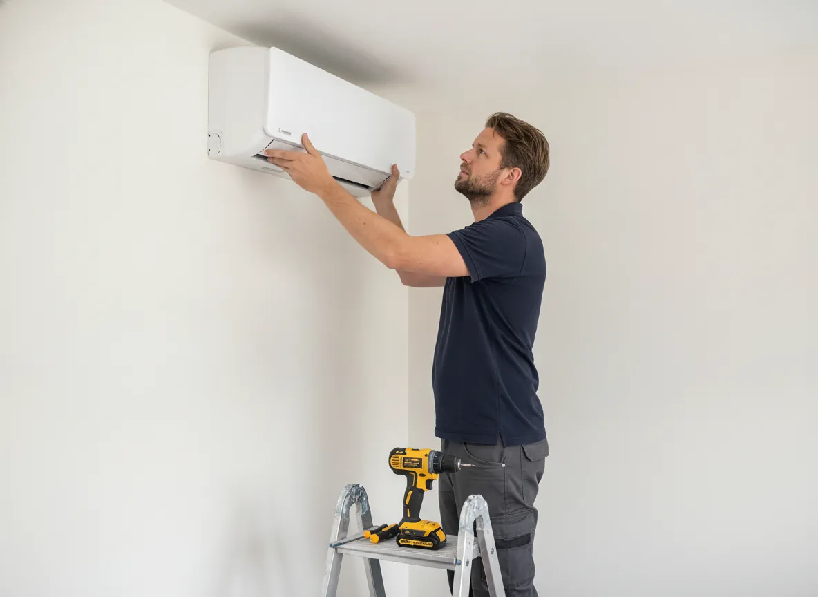 Monteur hangt een binnenunit op in een slaapkamer