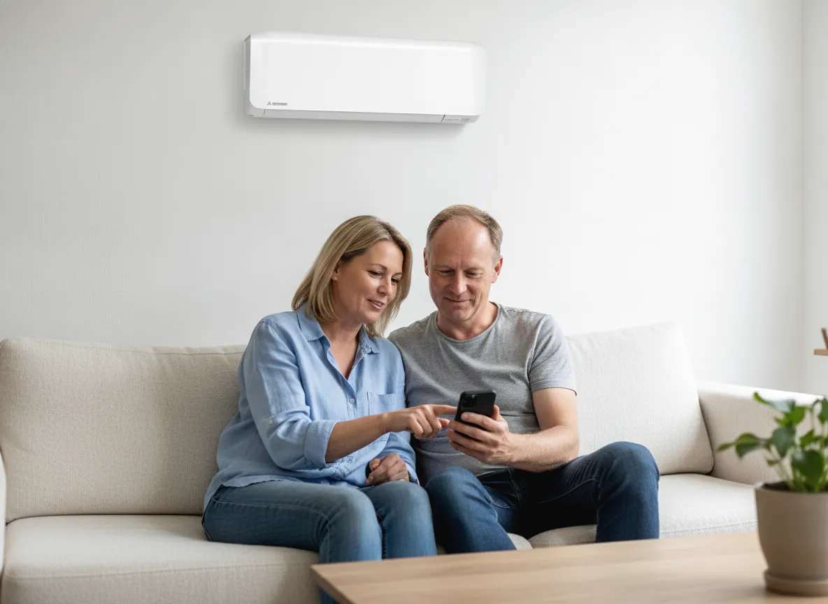 Stel op de bank kiest samen een airco op de telefoon